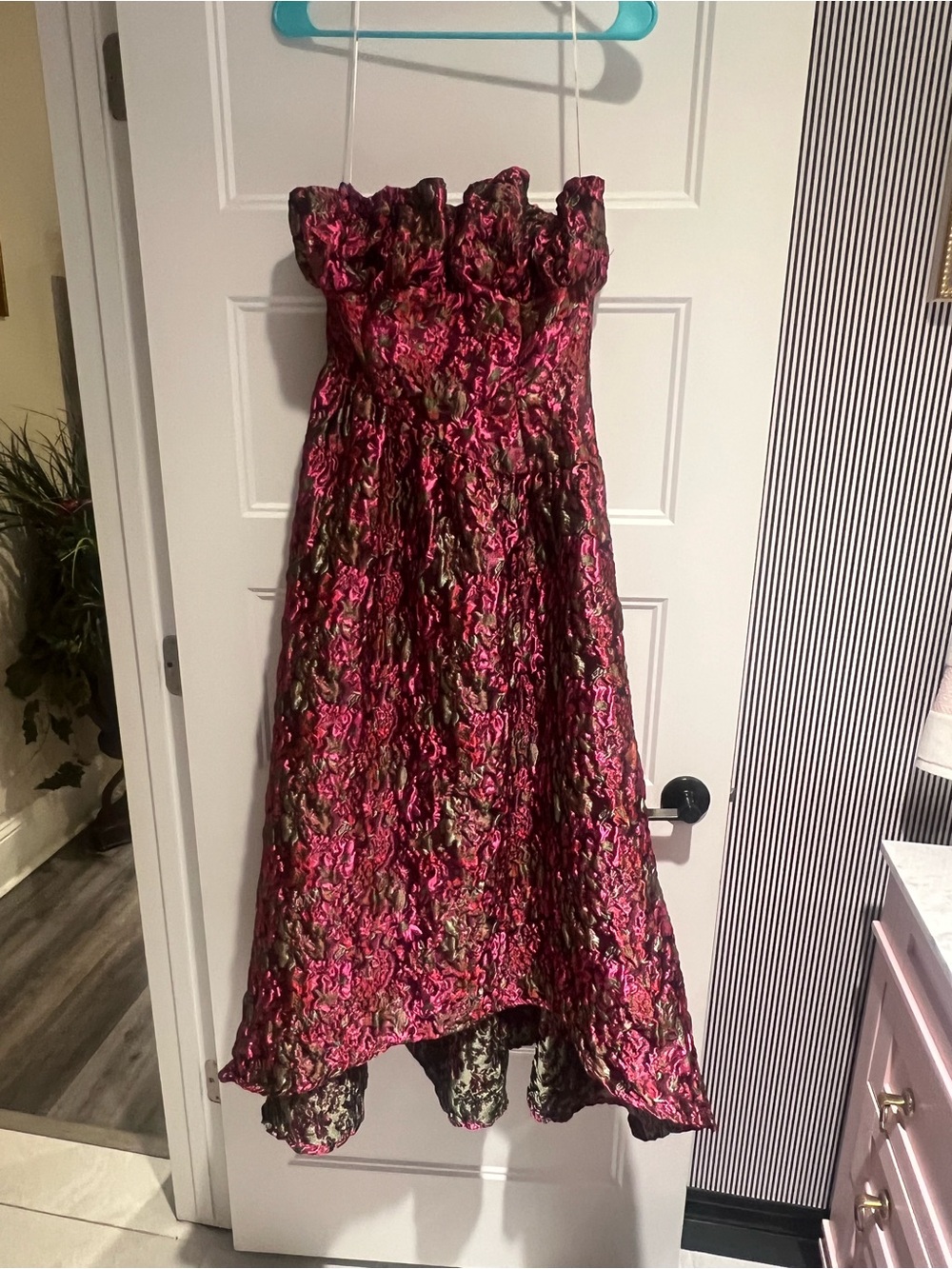 Elliatt Girls Strapless Hi-Low Floral Jacquard Dress in Fuchsia and Olive
